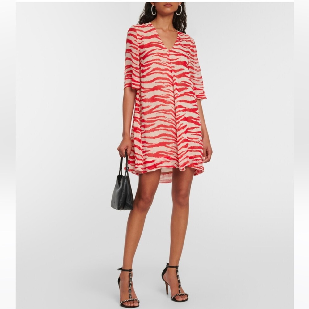 GANNI GORGETTE MINI SWING DRESS IN RED TIGER STRIPE, SIZE 38, LIKE NEW